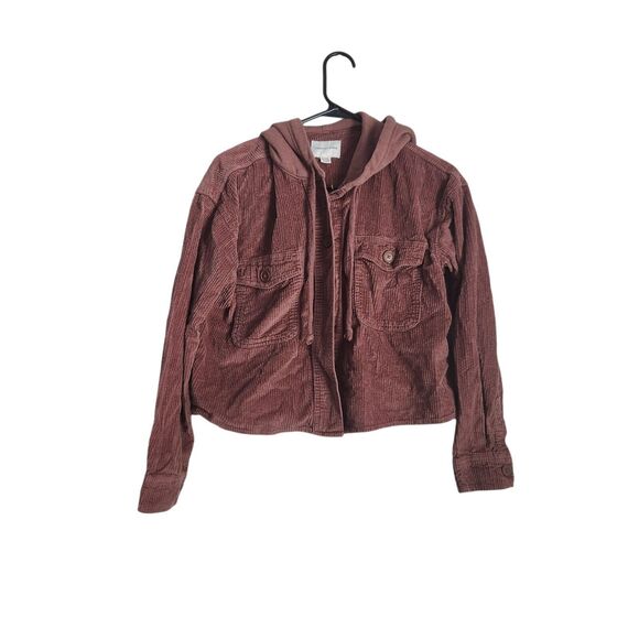 American Eagle Cropped Corduroy Jacket Brown Hooded Button Front Women's Size XS - Picture 1 of 5